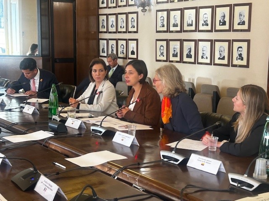 Foto de la Ministra de Agricultura y Desarrollo Rural, Martha Viviana Carvajalino Villegas en una reunión bilateral realizada en la ciudad de Roma, Italia