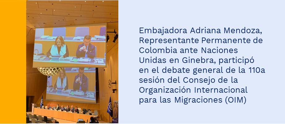 Embajadora Representante Permanente de Colombia ante Naciones Unidas en Ginebra, participó en el debate general de la 110a sesión del Consejo de la Organización Mundial para las Migraciones